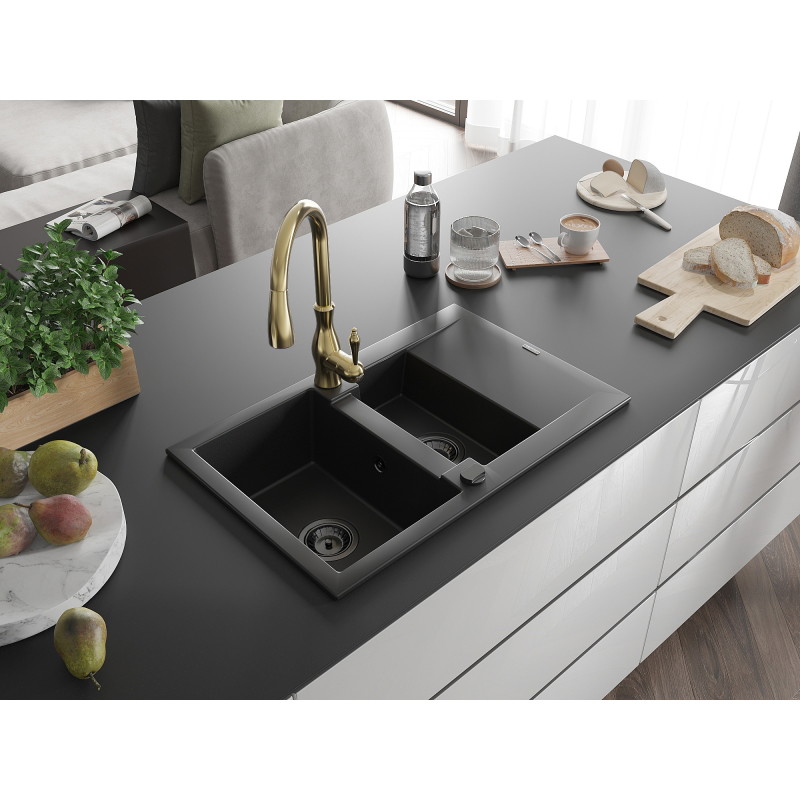 Mexen Gaspar grindinis granito 1,5 skylių virtuvės kriauklė su išvarva ir maišytuvu Savita, juoda - 6507-77-672601-50-B