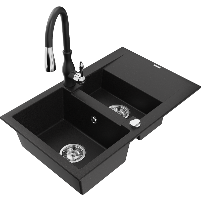 Mexen Gaspar grindinis 1,5 kamerų kriauklė su nusausintuvu ir virtuviniu maišytuvu Savita, juoda - 6507-77-672601-70