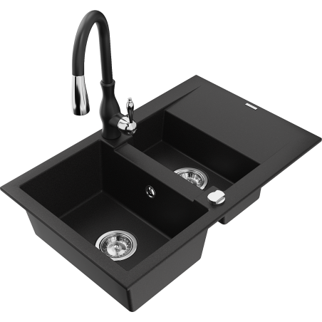 Mexen Gaspar grindinis 1,5 kamerų kriauklė su nusausintuvu ir virtuviniu maišytuvu Savita, juoda - 6507-77-672601-70