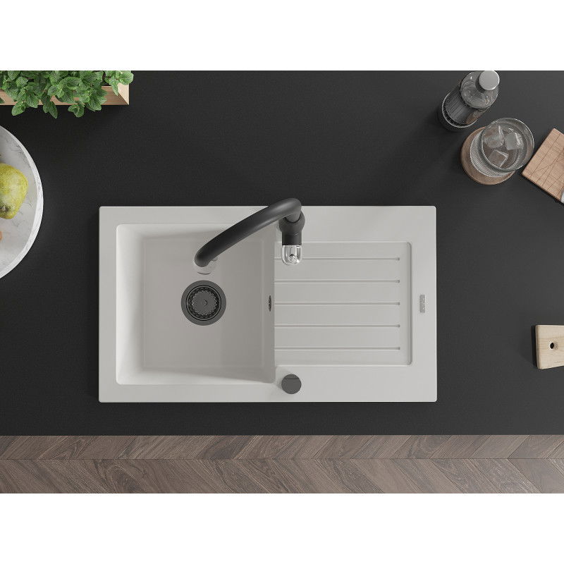 Mexen Pablo granito plautuvė su viena kamera ir nutekamuoju skydu bei virtuvės maišytuvu Savita, balta - 6510-20-672601-70