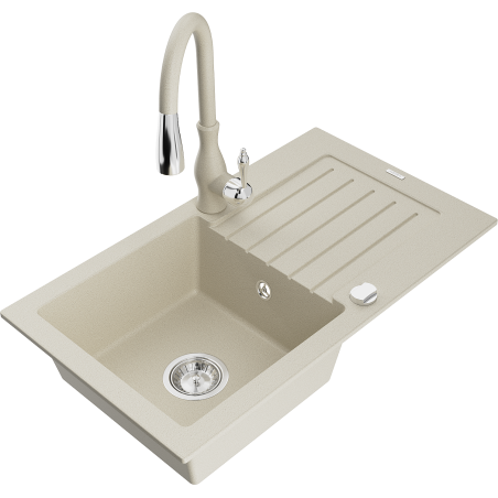Mexen Pablo granitinė 1 skyriaus plautuvė su nuvarvėtu ir virtuvės maišytuvu Savita, smėlio spalvos - 6510-69-672601-69
