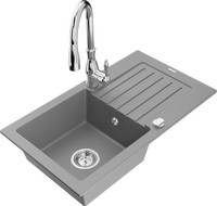 Mexen Pablo granito vienos kameros plautuvė su nusausintuvu ir virtuviniu maišytuvu Savita, pilka - 6510-71-672601-00