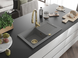 Mexen Pablo granitinė vienos kameros kriauklė su nutekėjimu ir virtuviniu maišytuvu Savita, pilka - 6510-71-672601-50