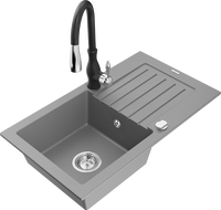 Mexen Pablo granitinė plautuvė 1 dubens su nusausinimo paviršiumi ir Savita virtuvės maišytuvu, pilka - 6510-71-672601-70