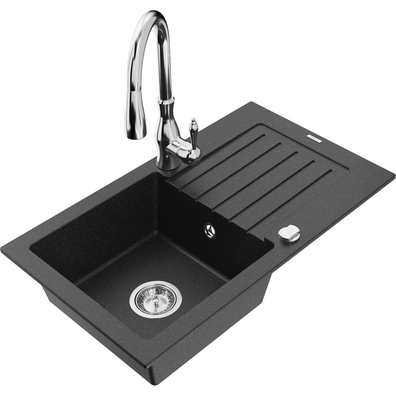 Mexen Pablo vienos kameros granitinė plautuvė su nutekėjimu ir virtuviniu maišytuvu Savita, juodas/sidabrinis metalikas