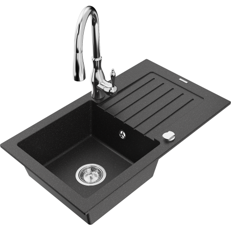 Mexen Pablo vienos kameros granitinė plautuvė su nutekėjimu ir virtuviniu maišytuvu Savita, juodas/sidabrinis metalikas