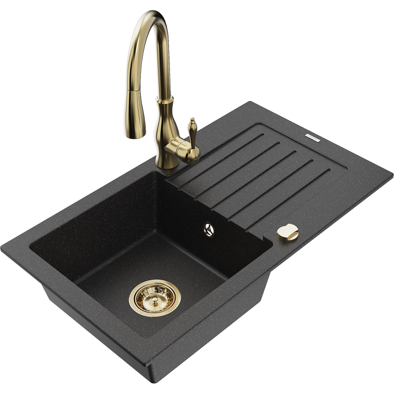 Mexen Pablo granitinė vienos kameros kriauklė su nusausintuvu ir virtuviniu maišytuvu Savita, juoda/sidabrinė metaliko