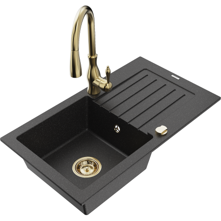 Mexen Pablo granitinė vienos kameros kriauklė su nusausintuvu ir virtuviniu maišytuvu Savita, juoda/sidabrinė metaliko