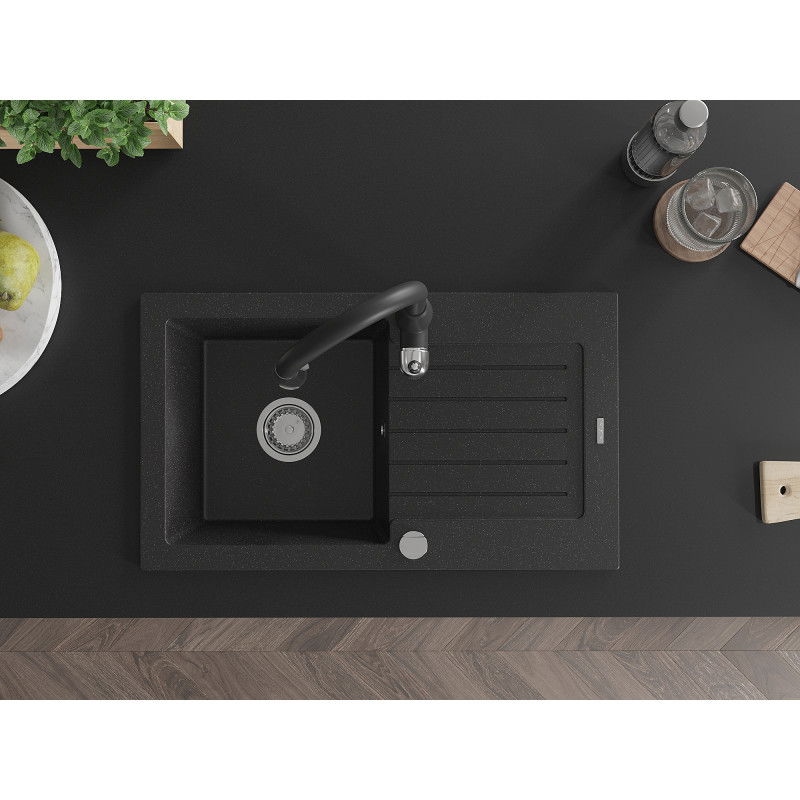 Mexen Pablo granito plautuvė 1 kamerų su nutekėjimu bei virtuviniu čiaupu Savita, juoda/sidabrinė metalika - 6510-73-672601-70