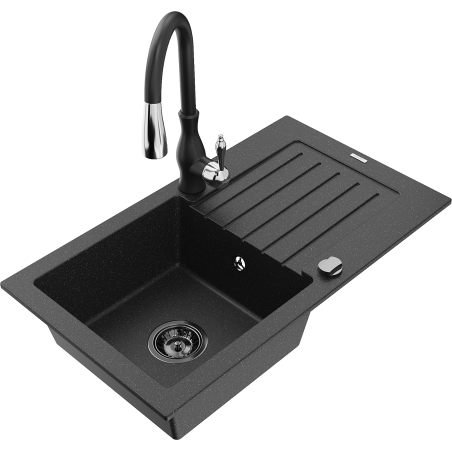 Mexen Pablo granitinė vienos kameros plautuvė su nusausintuvu ir virtuviniu maišytuvu Savita, juoda/sidabrinė