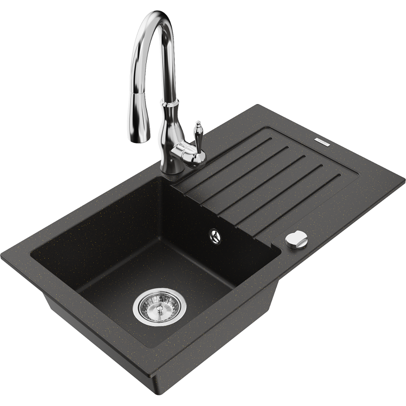 Mexen Pablo vienos kameros granitinė plautuvė su lašinamąja ir virtuviniu maišytuvu Savita, juoda/auksinė metalo spalva