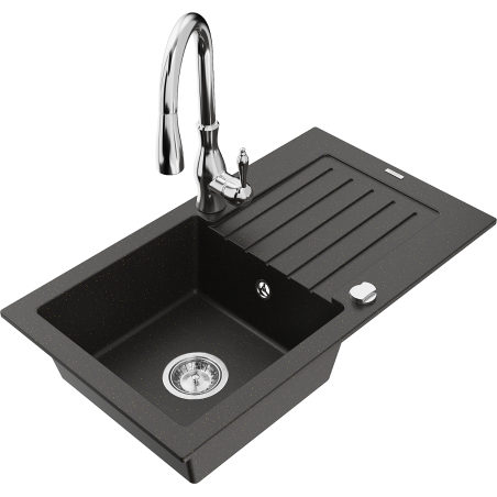 Mexen Pablo vienos kameros granitinė plautuvė su lašinamąja ir virtuviniu maišytuvu Savita, juoda/auksinė metalo spalva