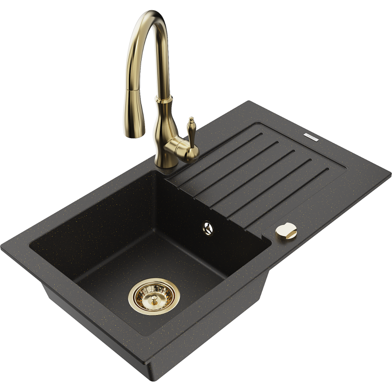Mexen Pablo granitinė plautuvė su vienu dubeniu, nusausinimo vieta ir virtuviniu maišytuvu Savita, juoda/auksinė metalo