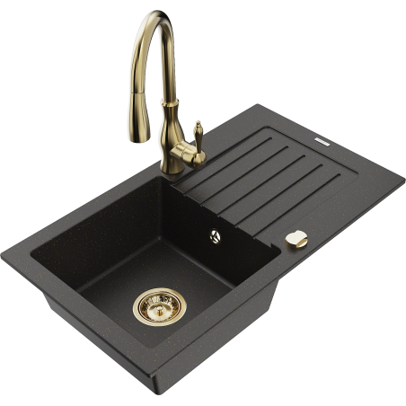 Mexen Pablo granitinė plautuvė su vienu dubeniu, nusausinimo vieta ir virtuviniu maišytuvu Savita, juoda/auksinė metalo