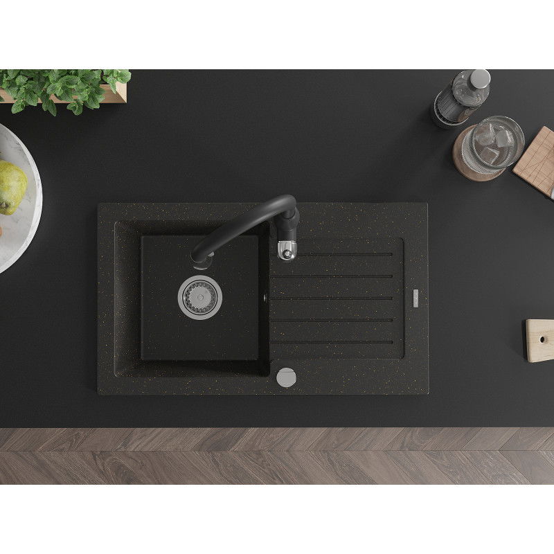 Mexen Pablo granitinė vienos kameros kriauklė su nuvarvėjimo paviršiumi ir virtuvės maišytuvu Savita, juoda/auksinė