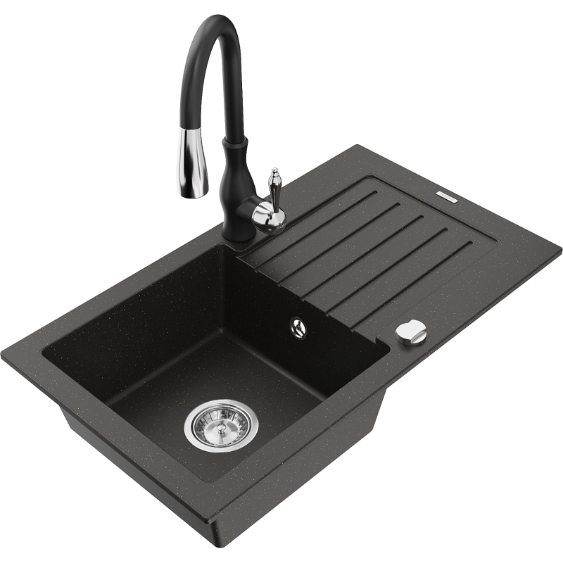 Mexen Pablo granitinė vienos kameros kriauklė su nuvarvėjimo paviršiumi ir virtuvės maišytuvu Savita, juoda/auksinė