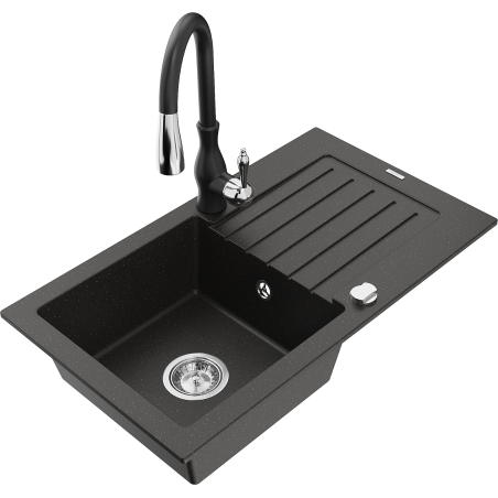 Mexen Pablo granitinė vienos kameros kriauklė su nuvarvėjimo paviršiumi ir virtuvės maišytuvu Savita, juoda/auksinė