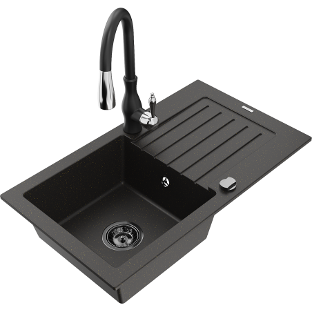 Mexen Pablo vienkamerinė akmens masės plautuvė su nusausinimo skydu ir virtuviniu maišytuvu Savita, juoda/auksinė metalo