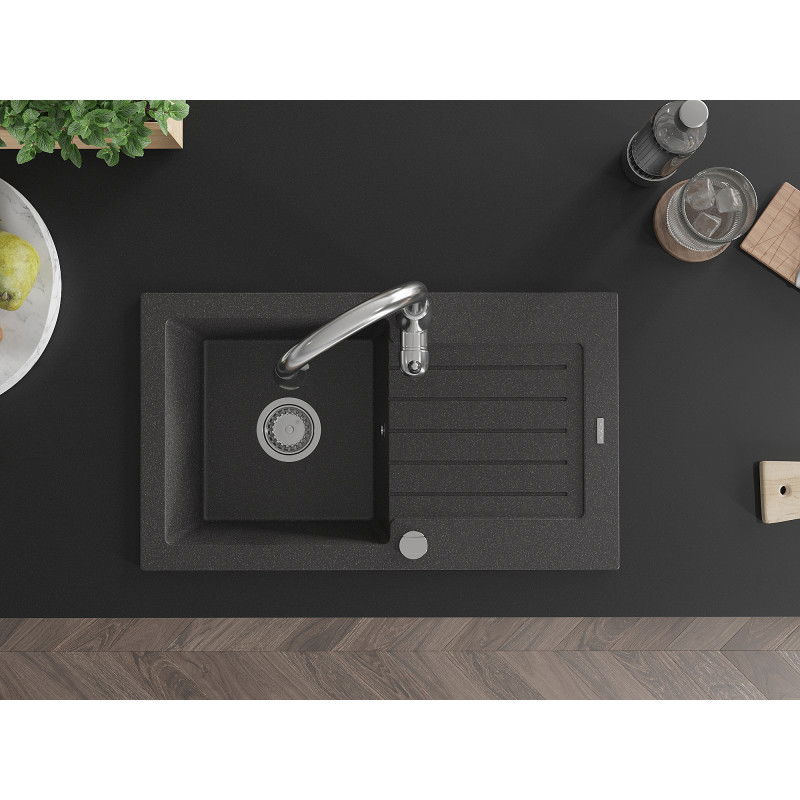 Mexen Pablo granitinė 1 kriauklės plautuvė su lašintuvu ir virtuvės maišytuvu Savita, juoda dėmėta - 6510-76-672601-00