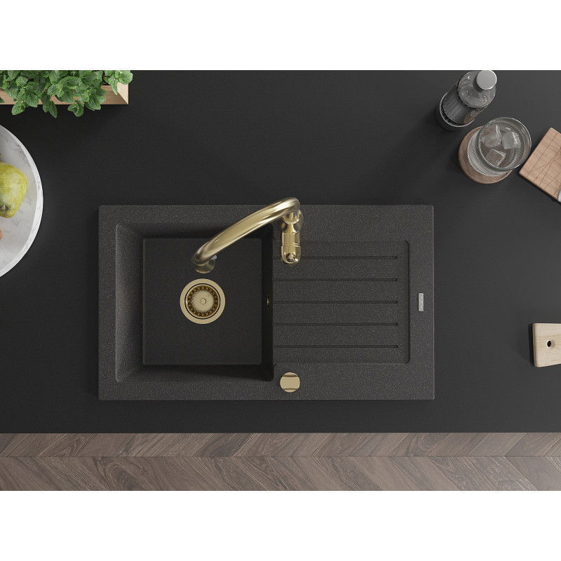 Mexen Pablo granito plautuvė 1 skylių su nutekamąja dalimi ir virtuviniu maišytuvu Savita, juoda taškuota - 6510-76-672601-50