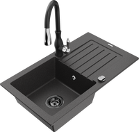 Mexen Pablo granito kriauklė su vienu dubeniu ir nutekėjimu bei virtuvės maišytuvu Savita, juoda dėmėta - 6510-76-672601-70-B