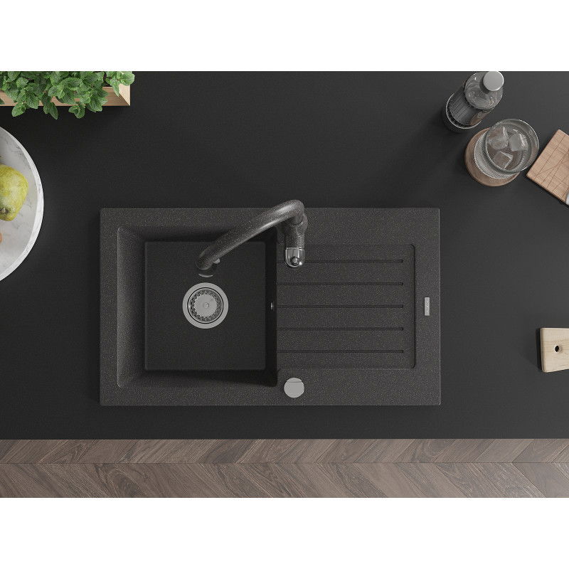 Mexen Pablo granitinė vienos kameros kriauklė su nutekėjimu ir virtuvės maišytuvu Savita, juodas su taškuotais intarpais