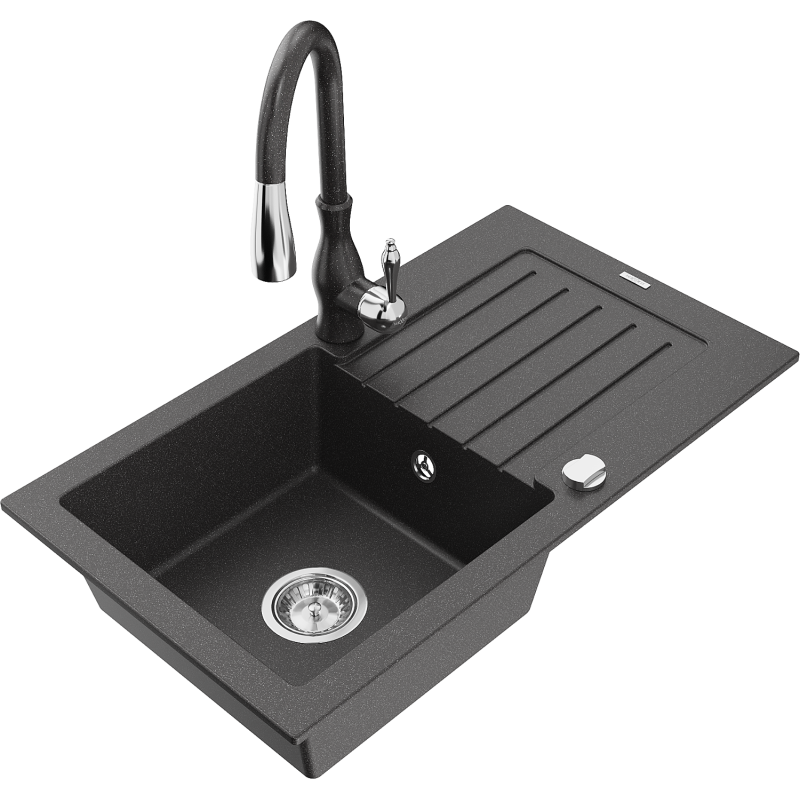 Mexen Pablo granitinė vienos kameros kriauklė su nutekėjimu ir virtuvės maišytuvu Savita, juodas su taškuotais intarpais