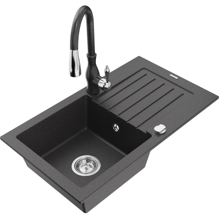 Mexen Pablo granitinė vienos kameros kriauklė su nutekėjimu ir virtuvės maišytuvu Savita, juodas su taškuotais intarpais