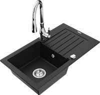 Mexen Pablo granitinė vienos dalies plautuvė su nusausinimo lentyna ir virtuviniu maišytuvu Savita, juodas - 6510-77-672601-00