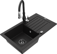 Mexen Pablo vienos kameros granitinė virtuvės kriauklė su lašėjimo indu ir „Savita“ maišytuvu, juoda - 6510-77-672601-70-B