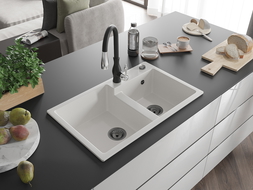 Mexen Tomas granitinė plautuvė su 2 dubenimis ir virtuviniu maišytuvu Savita, balta - 6516-20-672601-70