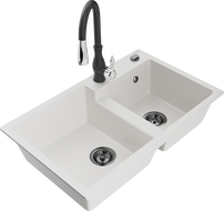 Mexen Tomas granitinė plautuvė su 2 dubenimis ir virtuviniu maišytuvu Savita, balta - 6516-20-672601-70