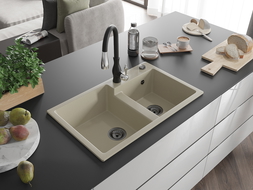Mexen Tomas dviejų sekcijų granitinė virtuvės kriauklė su virtuviniu maišytuvu Savita, smėlio spalvos - 6516-69-672601-70