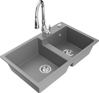 Mexen Tomas granitinė dviaukštė plautuvė su virtuviniu maišytuvu Savita, pilka - 6516-71-672601-00