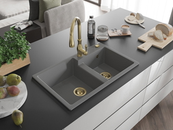 Mexen Tomas granito plautuvė 2 skyrių su virtuviniu maišytuvu Savita, pilka - 6516-71-672601-50