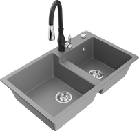 Mexen Tomas granitinė virtuvės plautuvė, dviejų skyrių su virtuviniu maišytuvu Savita, pilka - 6516-71-672601-70