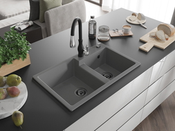 Mexen Tomas granitinė dviejų skyrių virtuvės plautuvė su maišytuvu Savita, pilka - 6516-71-672601-70-B