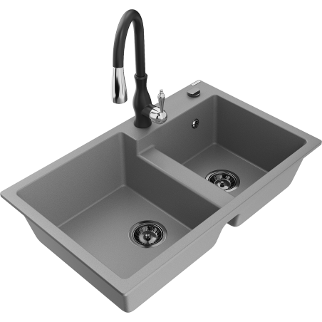 Mexen Tomas granitinė dviejų skyrių virtuvės plautuvė su maišytuvu Savita, pilka - 6516-71-672601-70-B