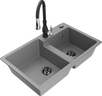 Mexen Tomas granitinė dviejų skyrių virtuvės plautuvė su maišytuvu Savita, pilka - 6516-71-672601-70-B