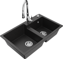 Mexen Tomas dviejų skyrių granito kriauklė su Savita virtuviniu maišytuvu, juoda/sidabro metalikas - 6516-73-672601-00