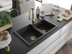 Mexen Tomas granito plautuvė 2 skylių su virtuvės maišytuvu Savita, juodas/sidabrinis metalikas - 6516-73-672601-50
