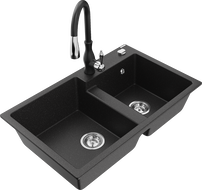 Mexen Tomas granitinė dviejų skyrių kriauklė su virtuviniu maišytuvu Savita, juoda/sidabrinis metalikas - 6516-73-672601-70