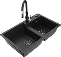 Mexen Tomas granitinė virtuvinė plautuvė su dviem skyreliais ir Savita virtuves maišytuvu, juodas/sidabrinis metalikas