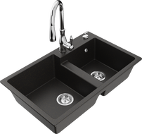 Mexen Tomas dviejų skyrių granitinė plautuvė su Savita virtuvine maišytuvu, juoda/auksinis metalikas - 6516-75-672601-00