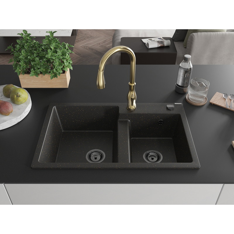 Mexen Tomas granitinė dviejų skyrių plautuvė su virtuviniu maišytuvu Savita, juoda/auksinis metalikas - 6516-75-672601-50-B