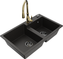 Mexen Tomas 2 skylių granito plautuvė su Savita virtuviniu maišytuvu, juoda/auksinė metalika - 6516-75-672601-50-B