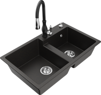 Mexen Tomas granito virtuvės plautuvė 2-jų skyrių su virtuviniu maišytuvu Savita, juoda/auksinis metalikas - 6516-75-672601-70