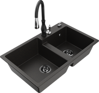 Mexen Tomas granitinė dviejų skylių virtuvės plautuvė su Savita maišytuvu, juoda/auksinis metalikas - 6516-75-672601-70-B