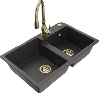 Mexen Tomas granito plautuvas su 2 kameromis ir virtuviniu maišytuvu Savita, juoda su dėmelėmis - 6516-76-672601-50