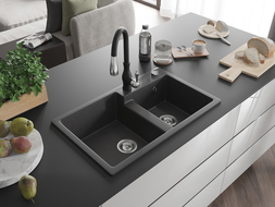 Mexen Tomas granitinis dviejų skyrių plautuvas su virtuviniu maišytuvu Savita, juodas taškuotas - 6516-76-672601-70